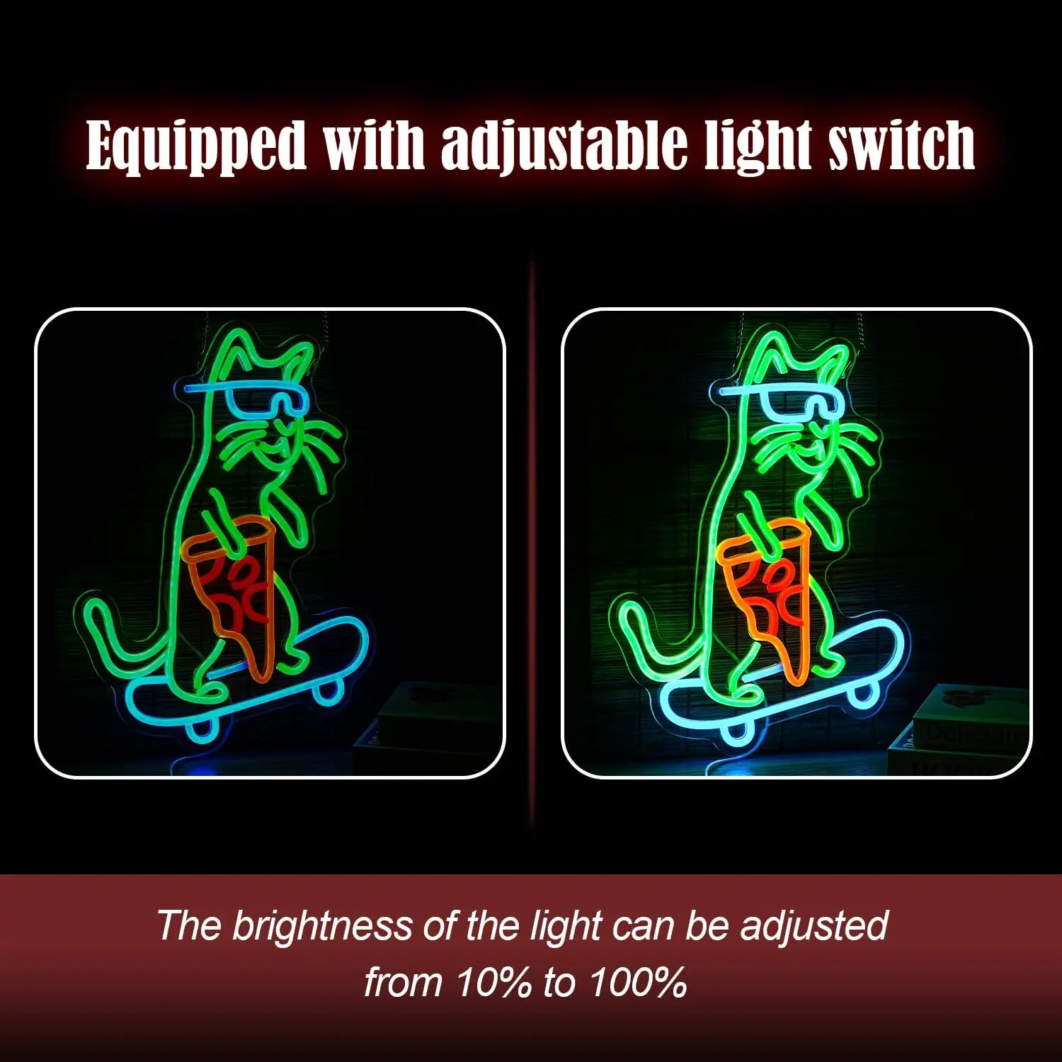 Cool Cat Skateboard Pizza Neon Sign LED Wall Art USB Powered Acrylic Green Orange Red Glow Funny Teen Bedroom Game Room Decor