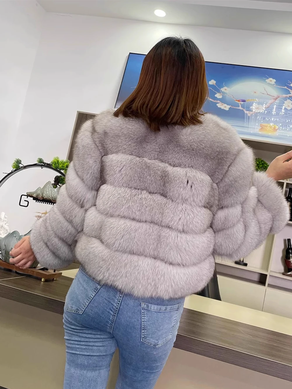 Real Fox Fur Short Jacket for Women, Female Luxury Winter Coat, Full Sleeves, Beige Natural Fox Fur, Cropped for Girls