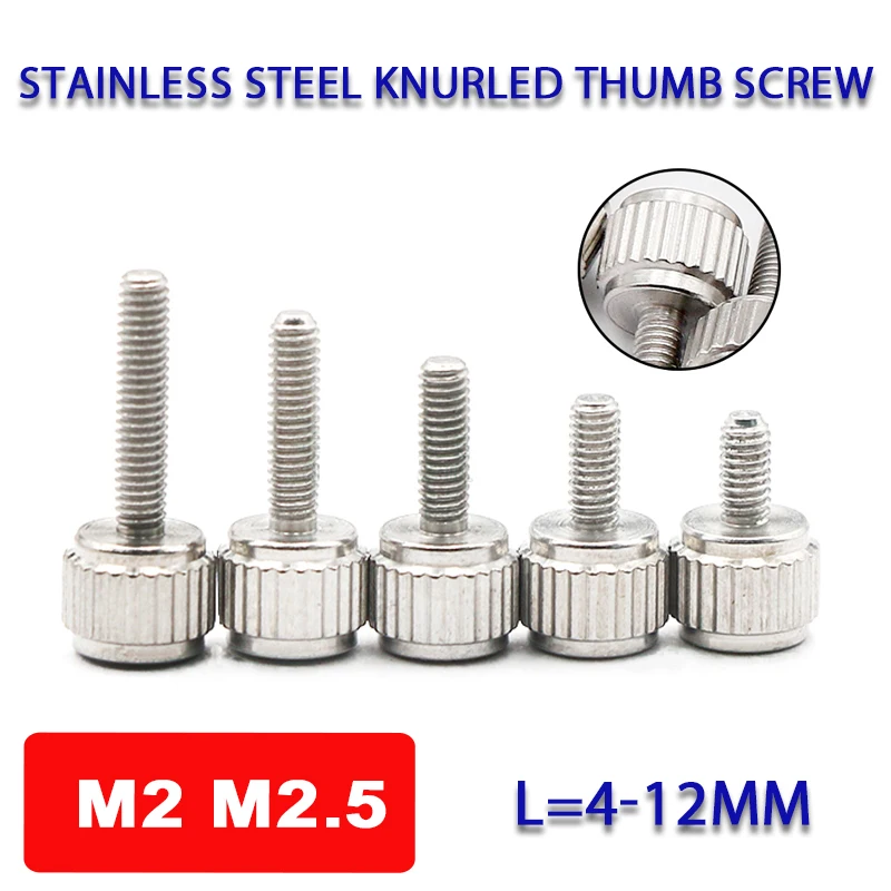 Stainless Steel Knurled Thumb Screw M2 M2.5 L=4-12mm Manual Adjustment Screw Cylindrical Head Hand Tighten Thumb Screw