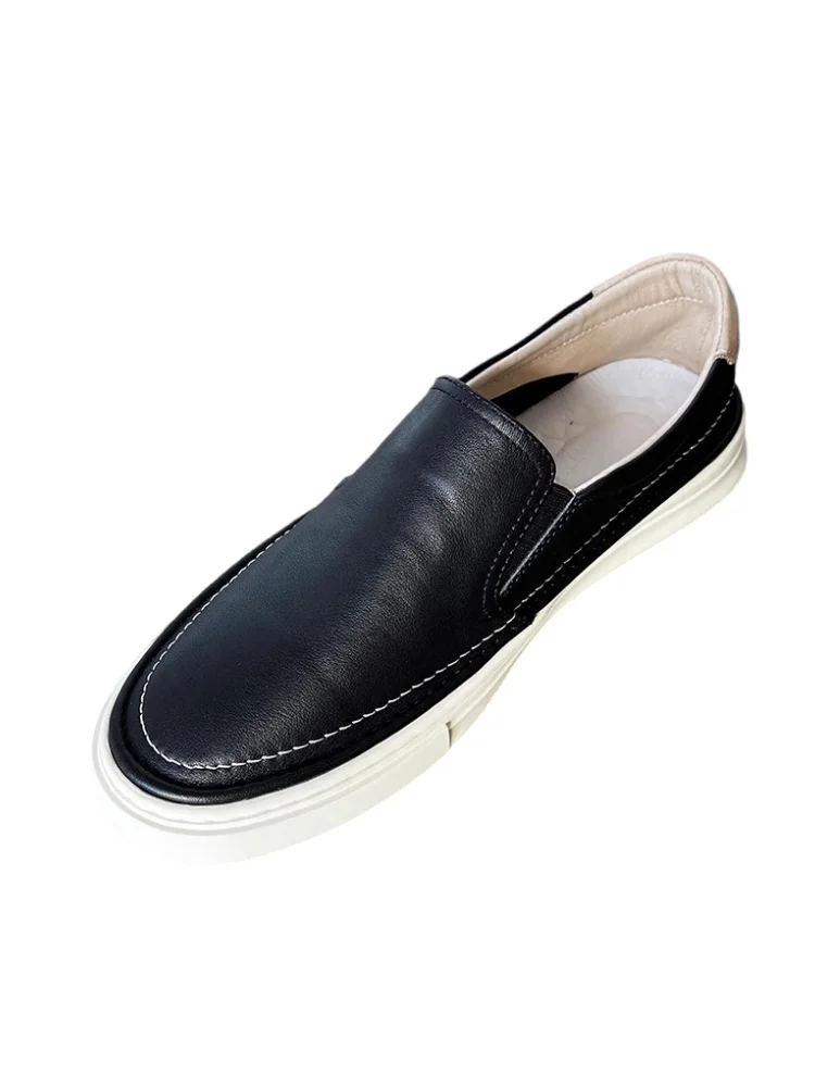 Mens Casual Cowhide Genuine Leather Shoes Summer Comfortable Slip On Laofers Round Toe Soft Platform Driving Shoes Man Moccasin