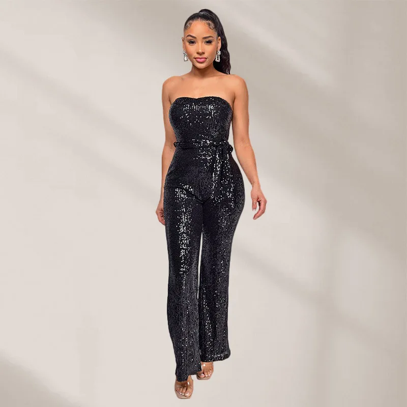 

INS Wind Sleeveless Sequined Belt Jumpsuit Independent Station Solid Color Women's Tube Top Backless Jumpsuit