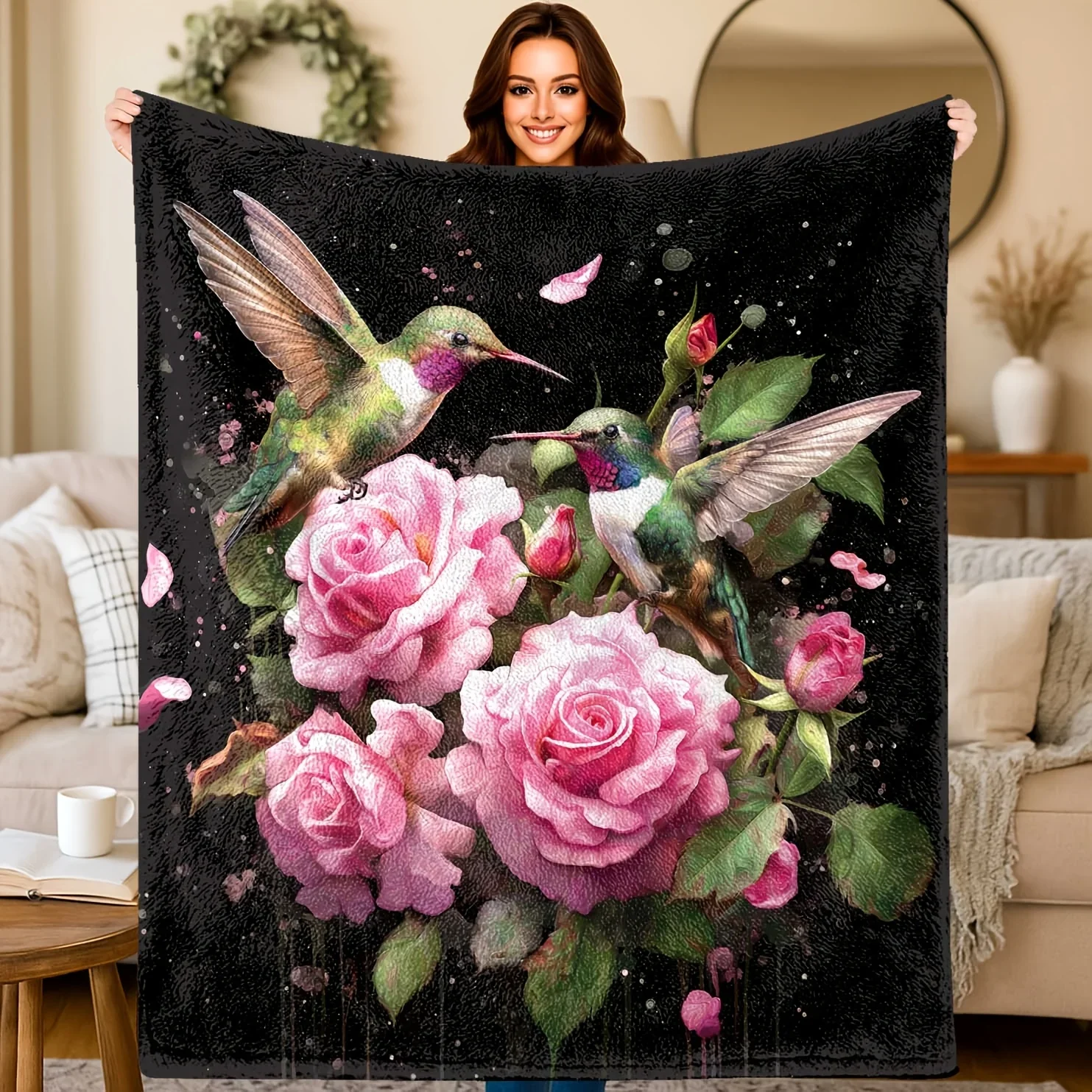 Vibrant Hummingbird and Rose Floral Print Throw Blanket Cozy Home Decor Gift for Couch