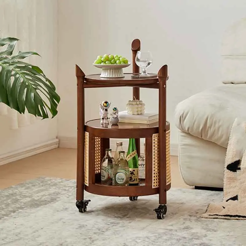 k*-Vintage Furniture, 2-Layer Solid Wood Coffee Table, Circular Storage Desk Cart, Living Room Glass Edge Table,