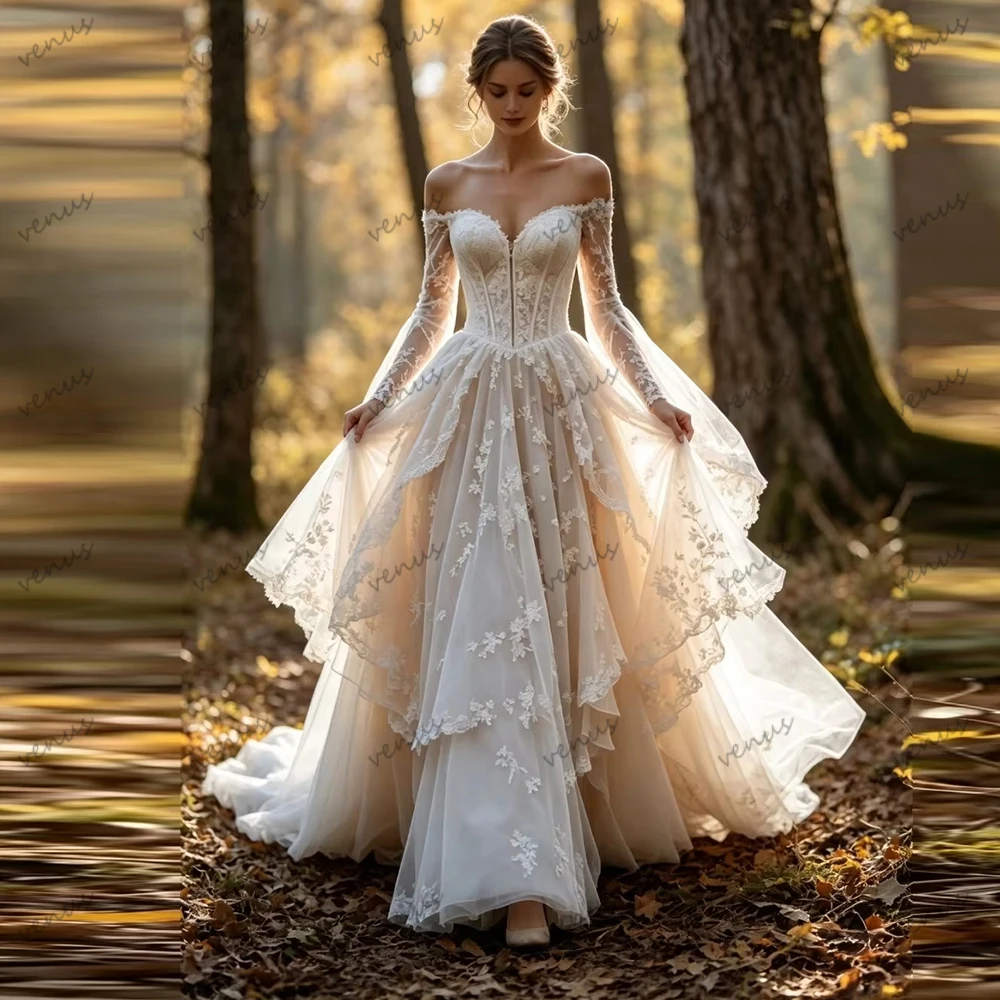 Vintage Wedding Dresses A Line Bridal Gowns Lace Tiered Robe Backless Floor Length свадебное платье Vestidos De Novia Customized