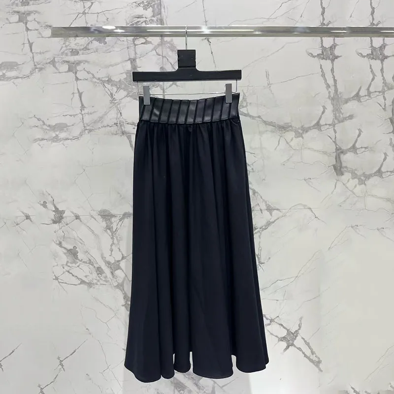 Women's Casual and Versatile Midi Skirt, Leather-Panel Skirt, High-Quality Pleated Work Skirt, 2026, New Arrival, Y2K