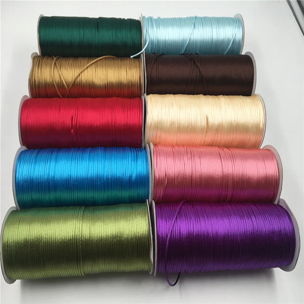2mm 20 metrów Rattail satynowy przewód nici chiński węzeł Macrame bransoletka sznurek pleciony DIY frędzle koraliki na nitkach 35 kolorów