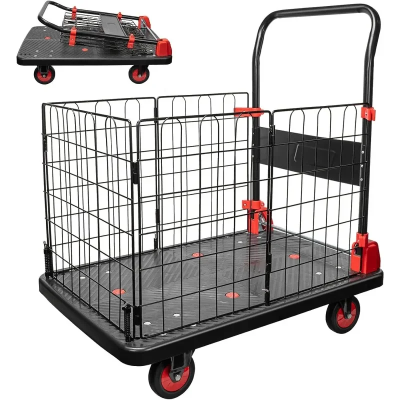 Platform Truck Cart with Cage, 1400 LBS Capacity Folding Hand Truck Dolly, Heavy Duty Platform Cart w/ 5'' TPR Swivel Wheels