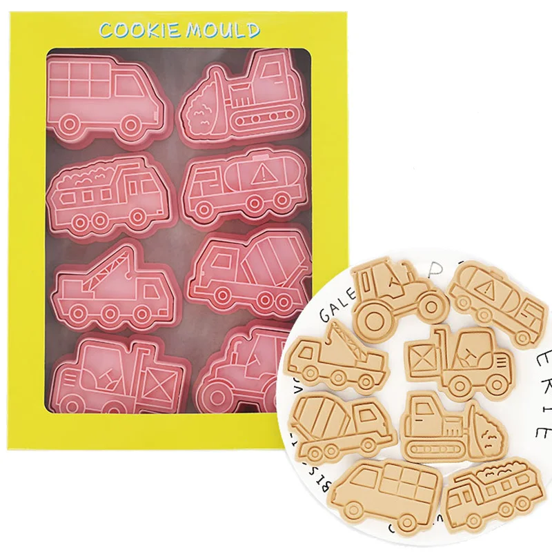 

8Pcs/set Engineering Truck Cookie Cutters 3D Cartoon Car Pressable Biscuit Mold Cookie Stamp Kitchen Baking Pastry Bakeware