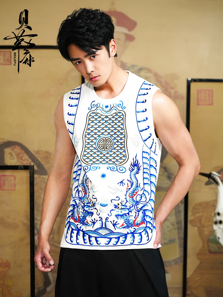 Chinese Style Dragon Pattern Embroidered Summer White Vest National Trend Sleeveless T Shirt White
