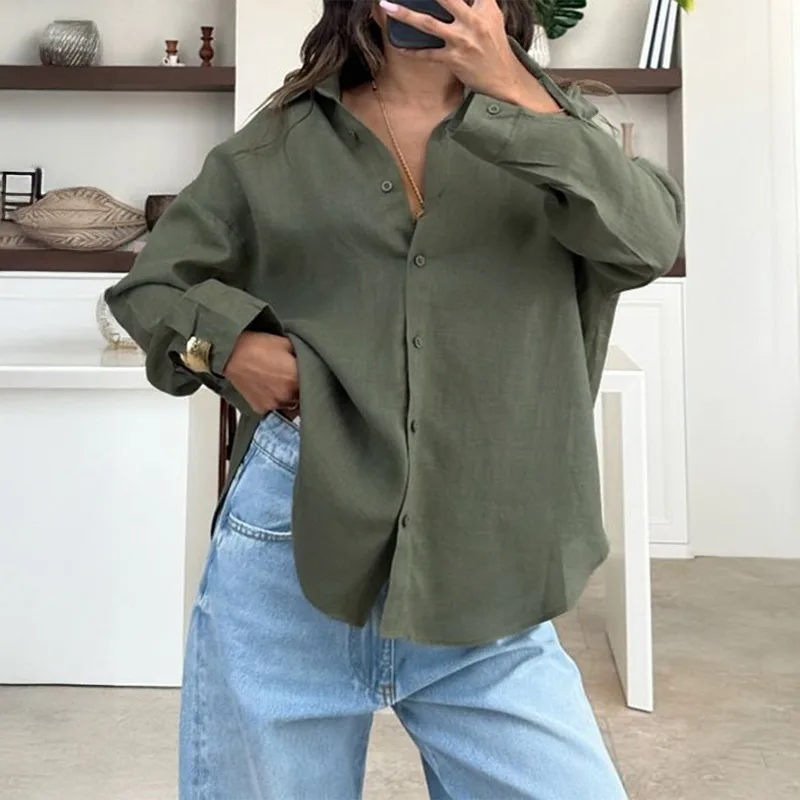 Elegante camicia cardigan a maniche lunghe Baita da donna con risvolto autunnale e invernale, top ampio e versatile