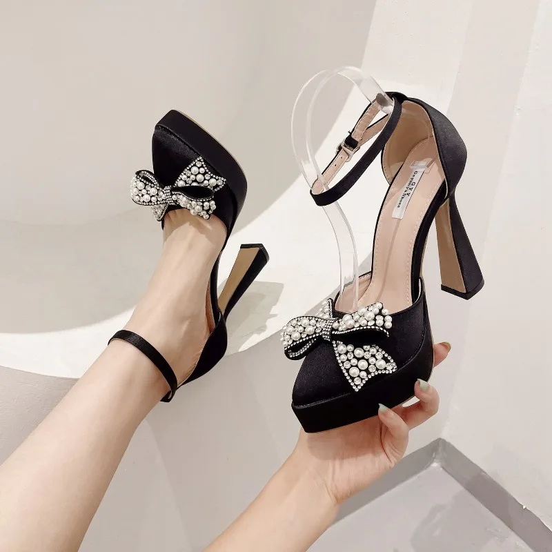 

13CM Women Shoes Fashion Rhinestone Bow High Heeled Sandals for Woman Elegant French Casual Shoes Designer Shoes Sandalias Mujer