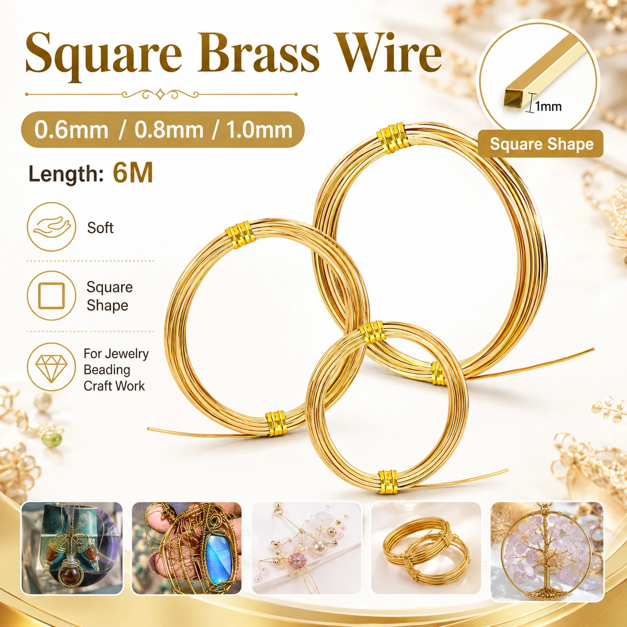 1-10Pcs 0.6-1.0mm Square Brass Beading Wire 6M, Soft Yellow Coppers Craft Wire for Jewelry Making, Bracelet Necklace DIY