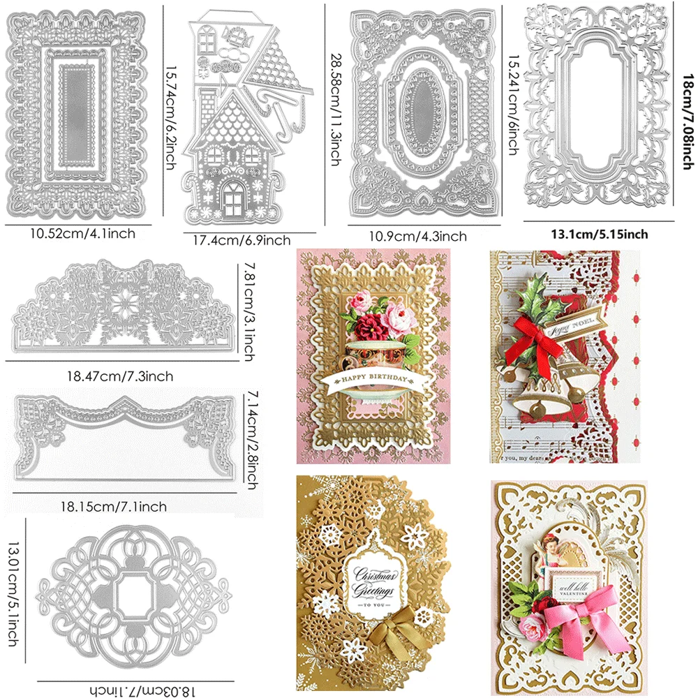 Vintage Spitzenrahmen Haus Metall-Stanzformen-Set, Kohlenstoffstahl-Prägeschablonen mit exakter Größe für DIY Weihnachts- und Geburtstagskarten