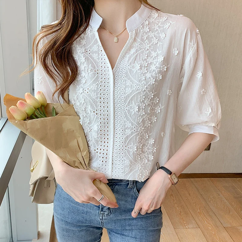 Summer Floral Embroidery Lace Blouse Hollow-out Stand Collar V Neck Casual Shirt Women Elegant Short Sleeve Cotton Tops 24350