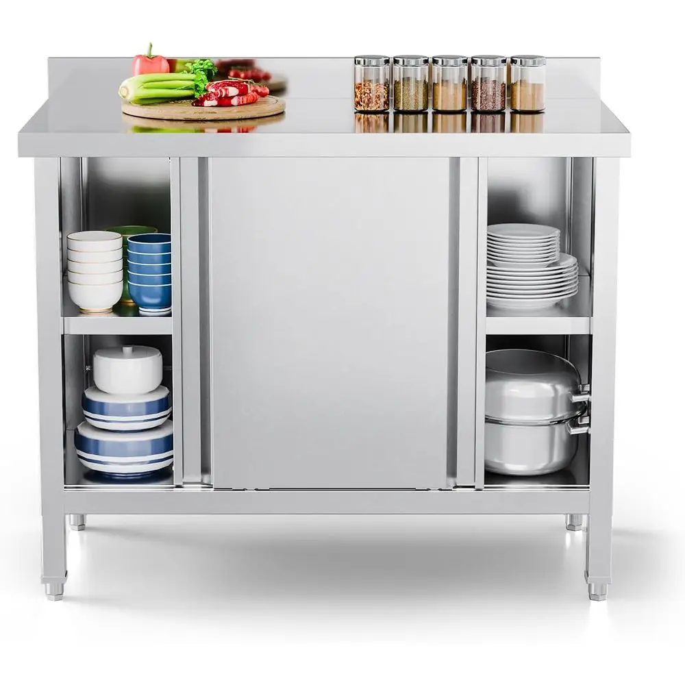 

Industrial-Grade Stainless Steel Prep Table with Backsplash and Sliding Doors, Ideal for Kitchen or Restaurant, 39 x 19