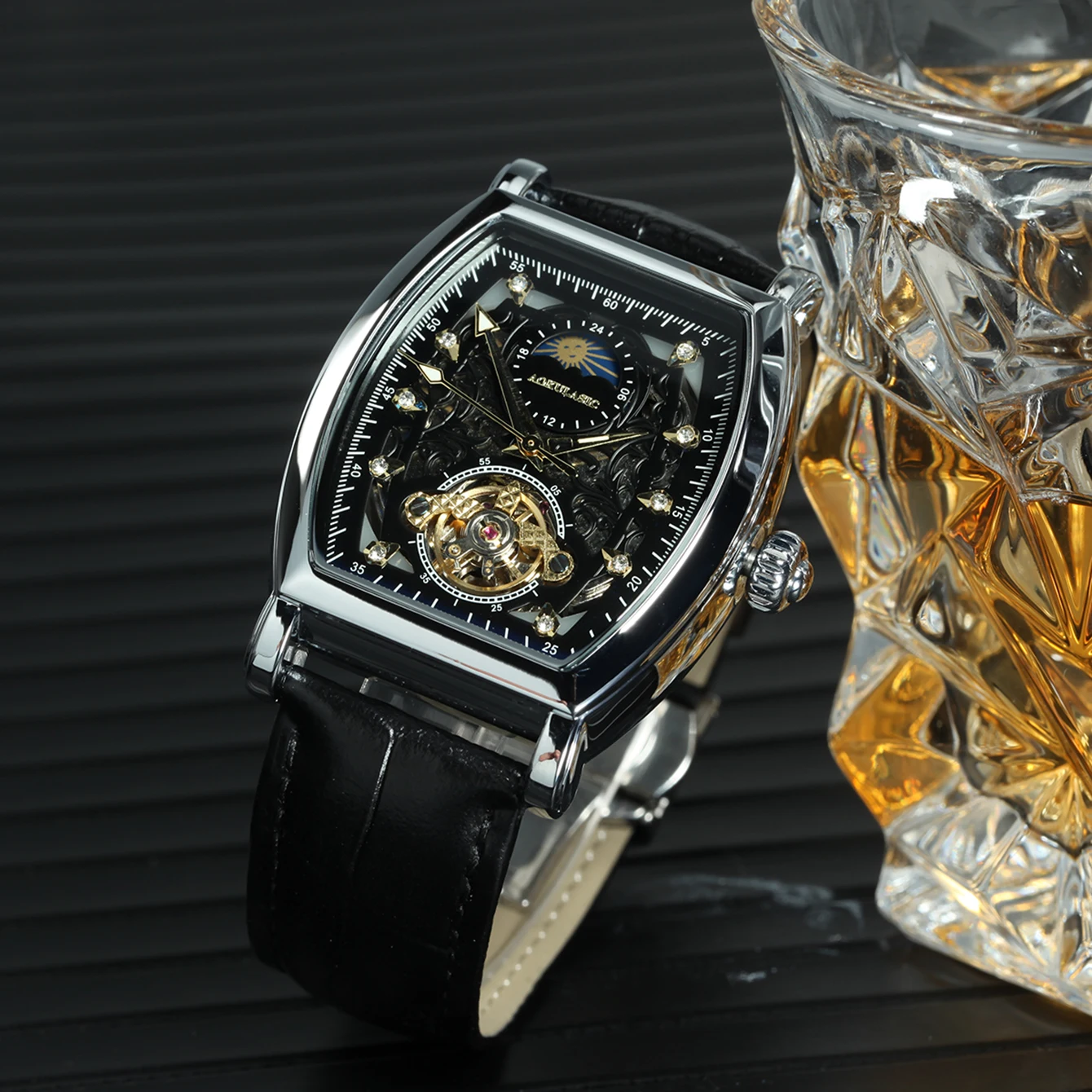 AOKULASIC Tourbillon Skeleton Automatic Mechanical Watch for Men Luxury Iced Out Moon Phase Casual Leather Strap Mens Watches