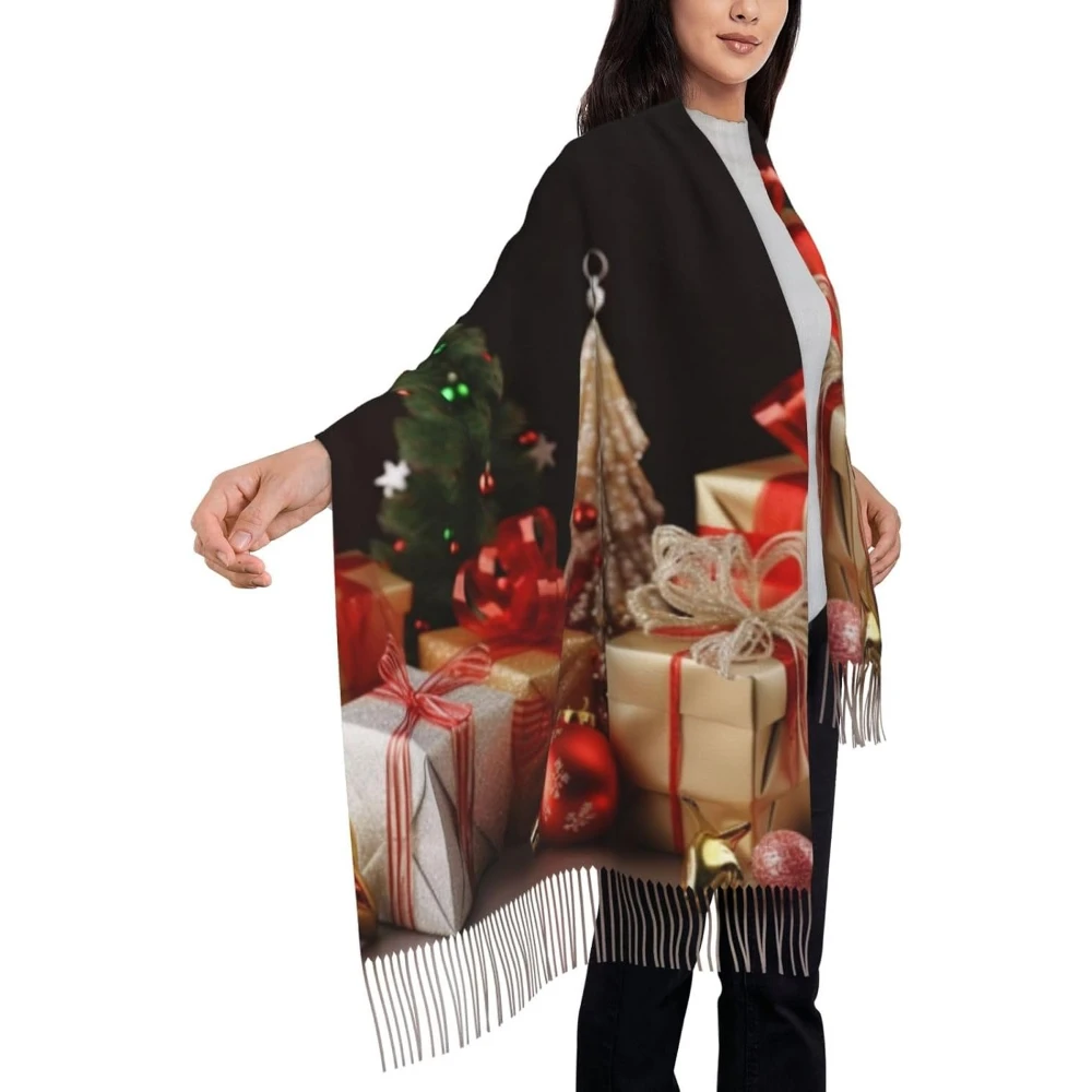 

Рождественское украшение, Рождественский подарок, шарф с кисточками и принтом, теплый шарф, шаль, шарф с бахромой