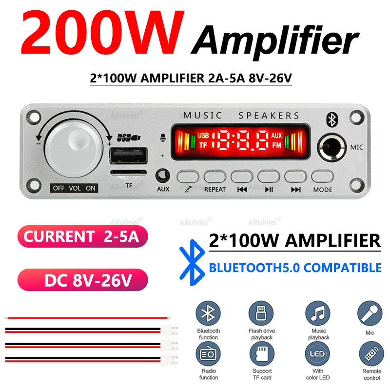 5PCS 200W Car Equalizer Amplifier Module Board 2*100W Stereo Amplifier with Bluetooth DC 8V-26V FM USB TF AUX Mic