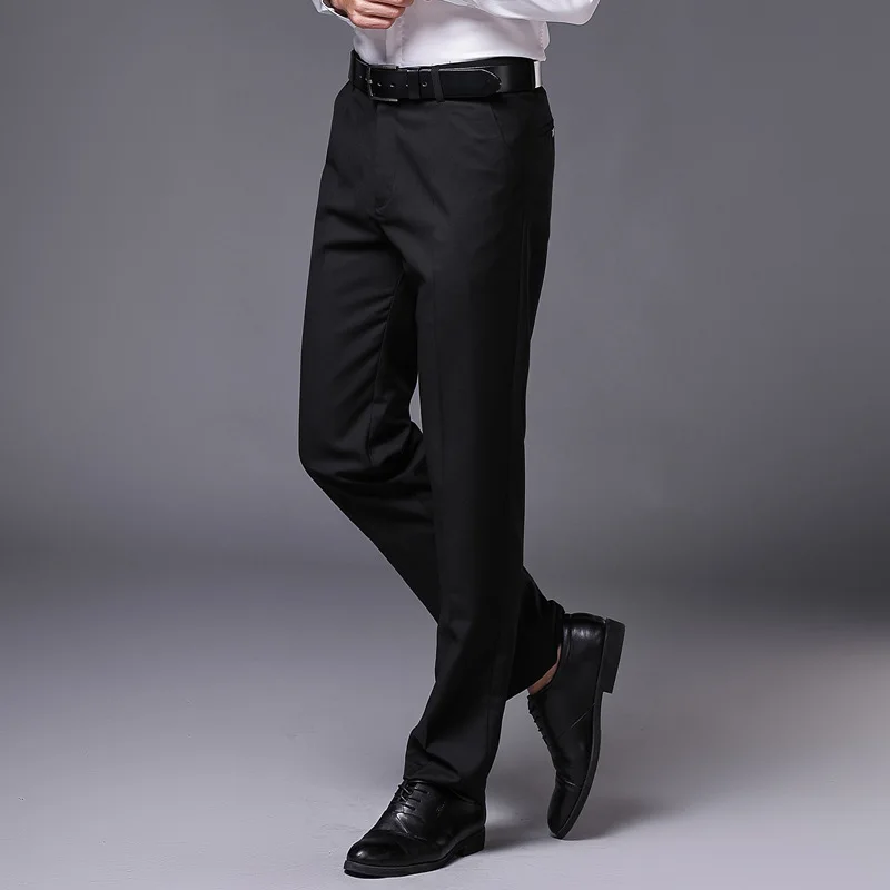 Mens Slim Fit Straight Pants Flat-front Causal Trousers Male Business Formal  Wine Red