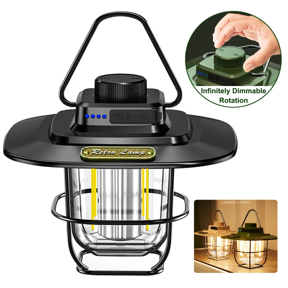 

Retro Hanging Camping Light Rechargeable Waterproof Tent Lamp Stepless Dimmable Emergency Work Lights for Outdoor Hiking Fishing