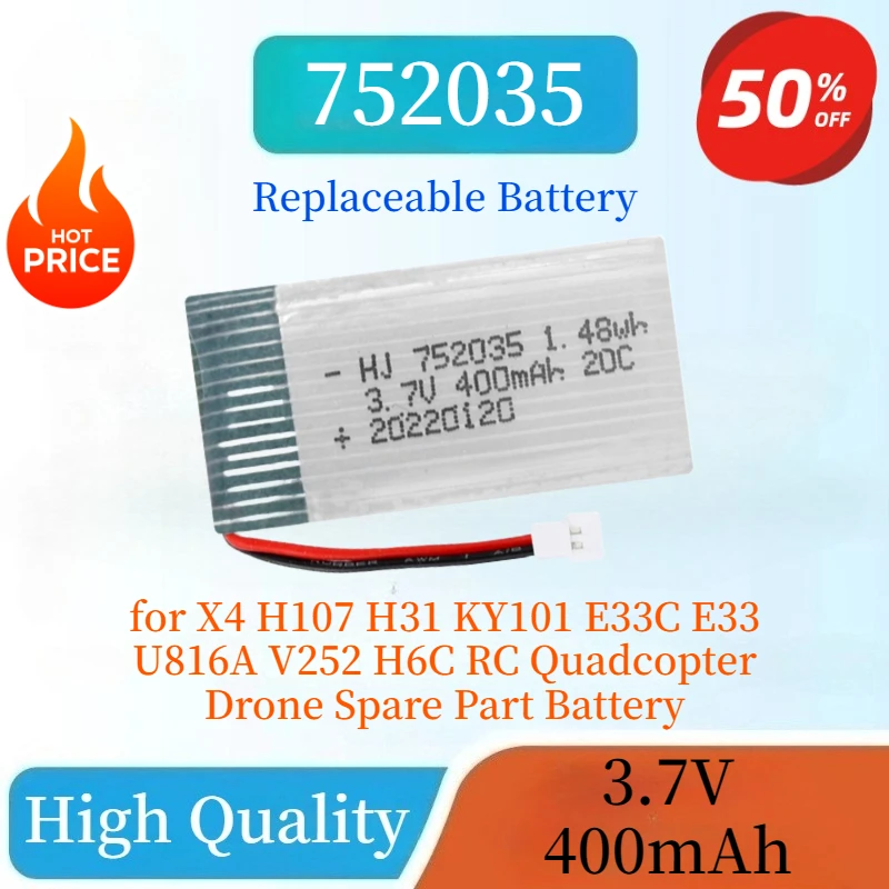 

New 3.7V 400mAh Replaceable Lipo Battery For X4 H107 H31 KY101 E33C E33 U816A V252 H6C RC Quadcopter Drone Spare Part Battery