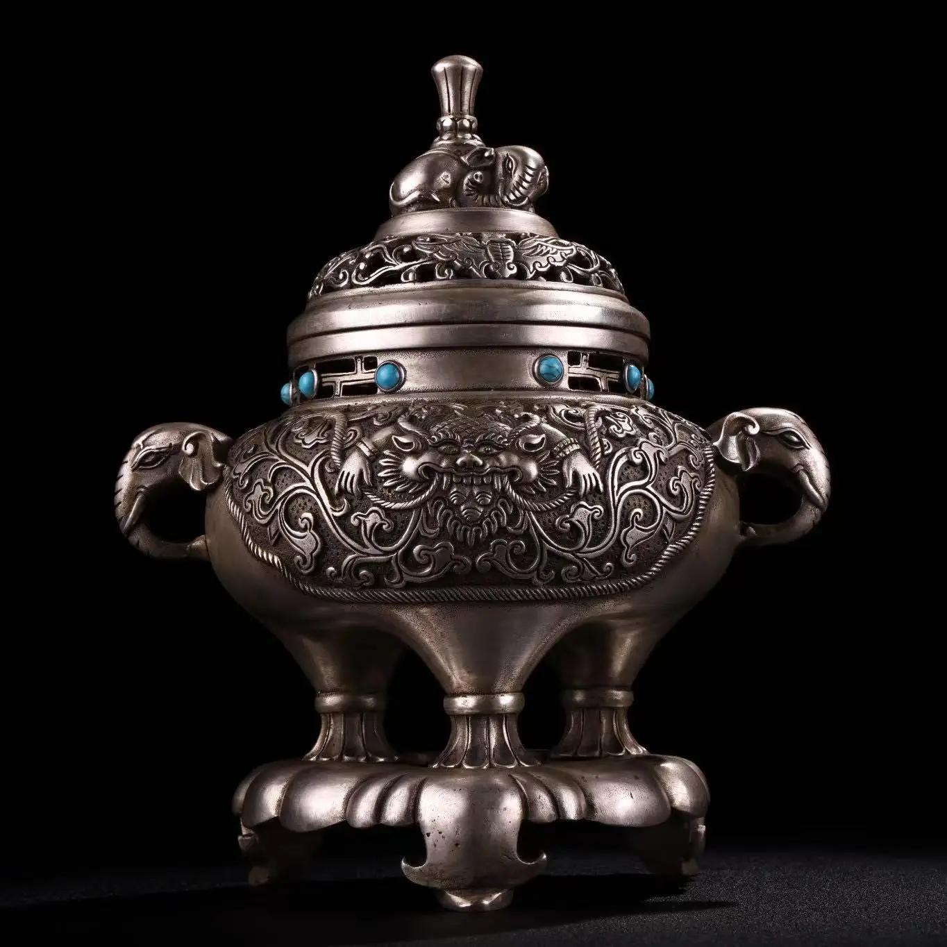 

antique silver&gem censer,Elephants,Hand carved crafts,Decoration,collection &Adornment,Free shipping