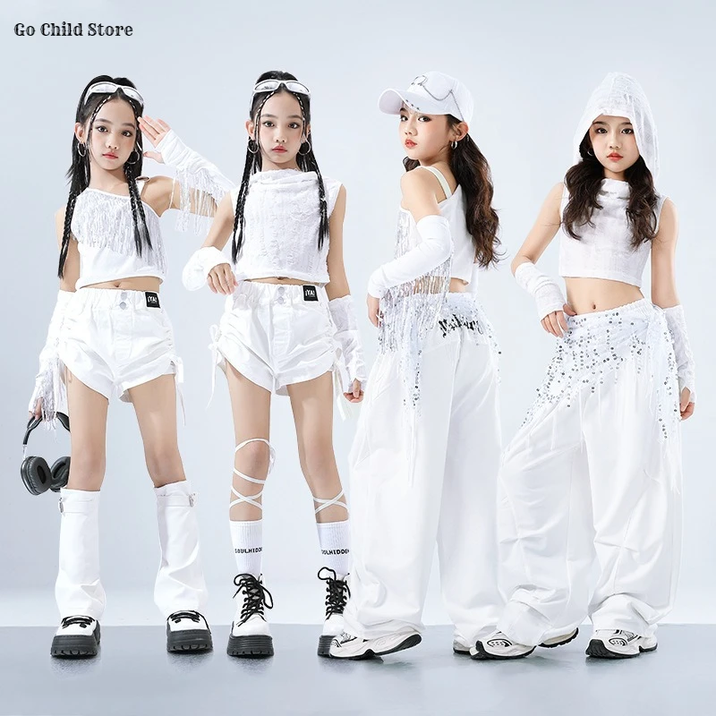 Hip Hop Kids Elegant Crop Hoodies Cargo Pants Girls K-pop Top Street Dance Shorts Child Jazz Streetwear Girl Group Clothes Sets
