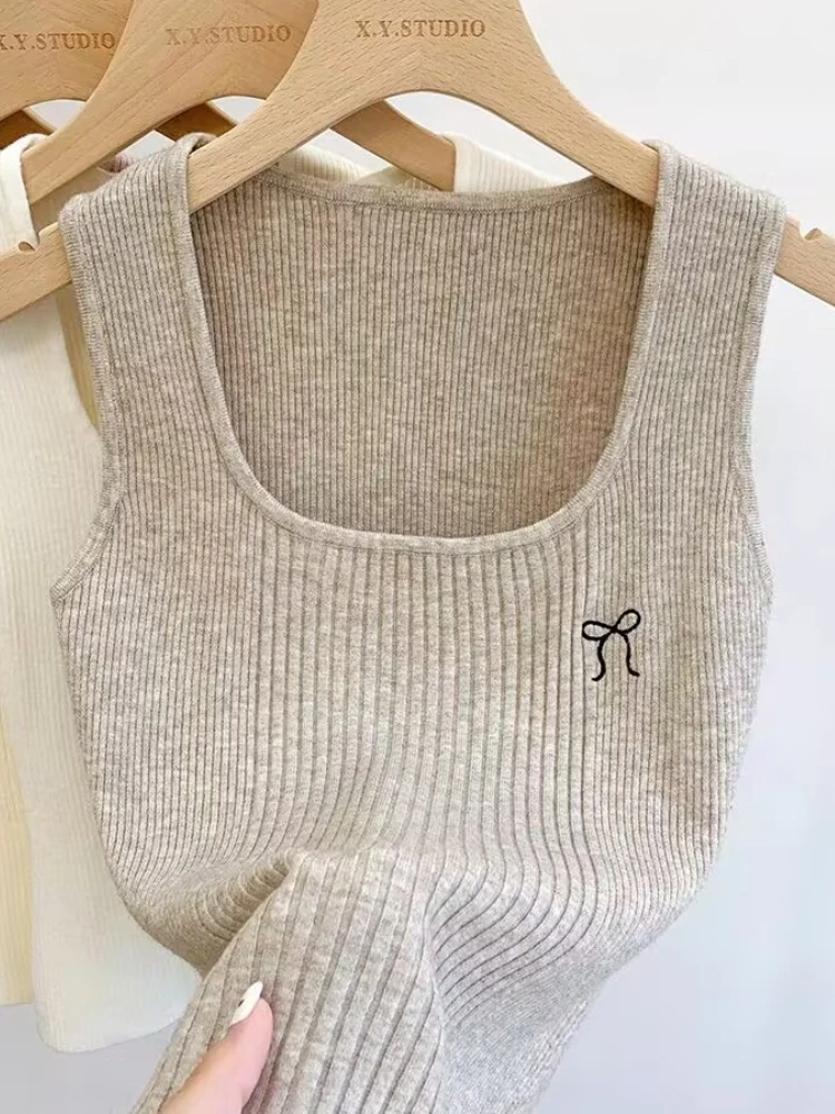 Summer Women's Casual Knitted Top Butterfly Knot Embroidered Tank Tops Square Neck Sleeveless Crop Tops Simple Base Layer Camis
