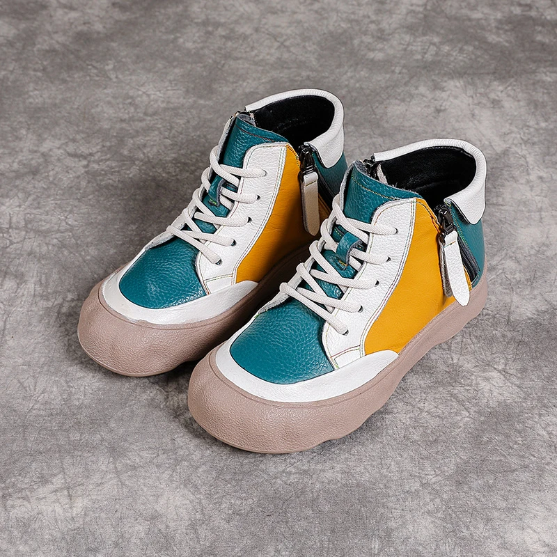 Women's Color Block High Top Sneakers for 2026 Woman Retro Casual Ankle Fur Boots With Side Zipper Plus Lace-Up Closure