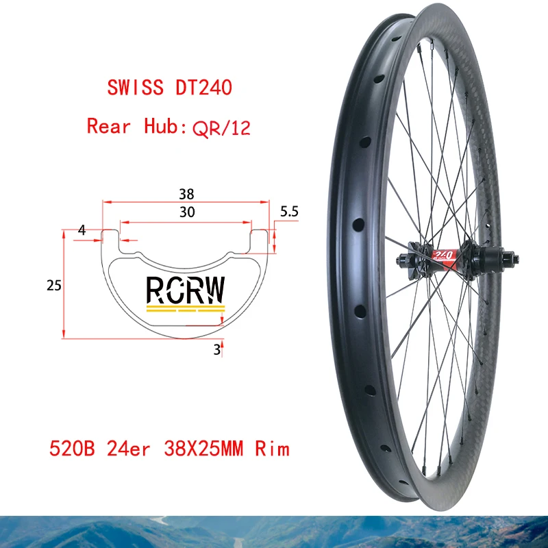 

520B 24er MTB XC 38X25 Rear Wheel Carbon Rim Wide 38 Deep 25 SWISS DT240 28H 36T Hub SHI10 11S XD 11 12S XDR 12S Microspline 12S