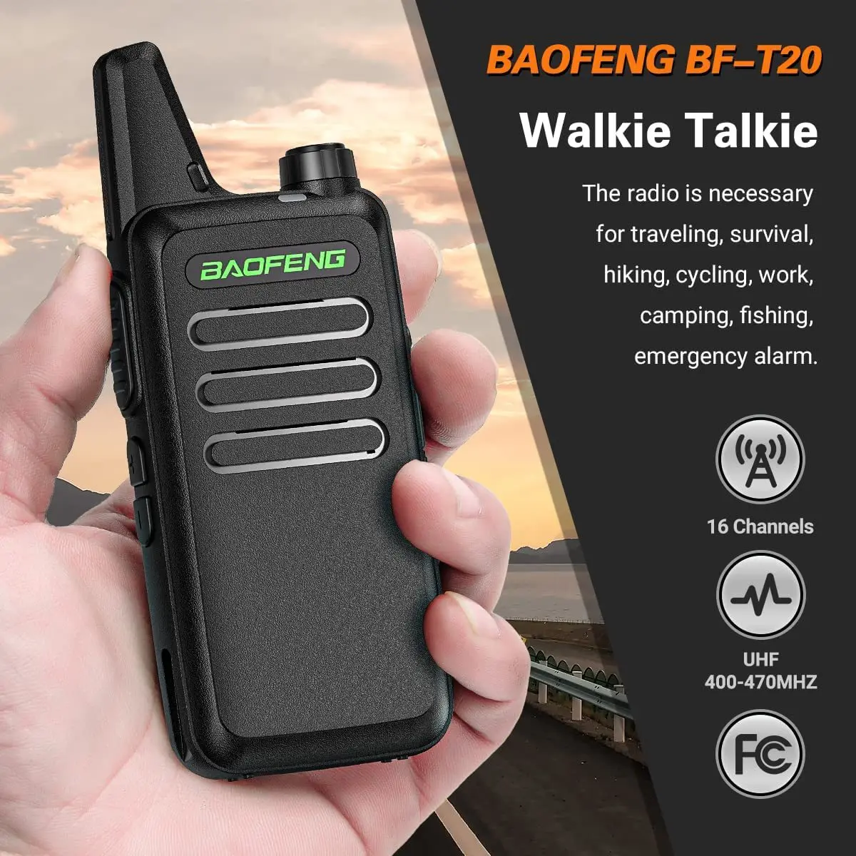 baofeng-bf-t20-2台セット、5w出力、type-c-usb充電、16チャンネル、uhf帯（400-470mhz）、携帯型双方向無線機、アウトドアキャンプ用。