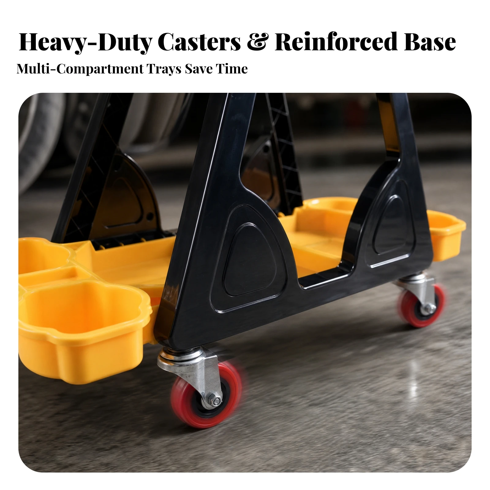 Auto Detailing Stool with Storage Baskets Space-Saving Foldable Workshop Stool 360-Degree Swivel 300 Lbs Capacity for Mechanics