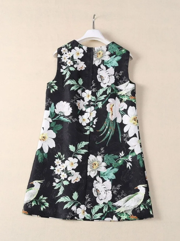 Vrouwtjes Zomer Pailletten Glanzende Bloemenprint Jurk O-hals Boven Knielengte Zonnejurk Mouwloze Dunne Papegaai Plant Bloemen Jurken