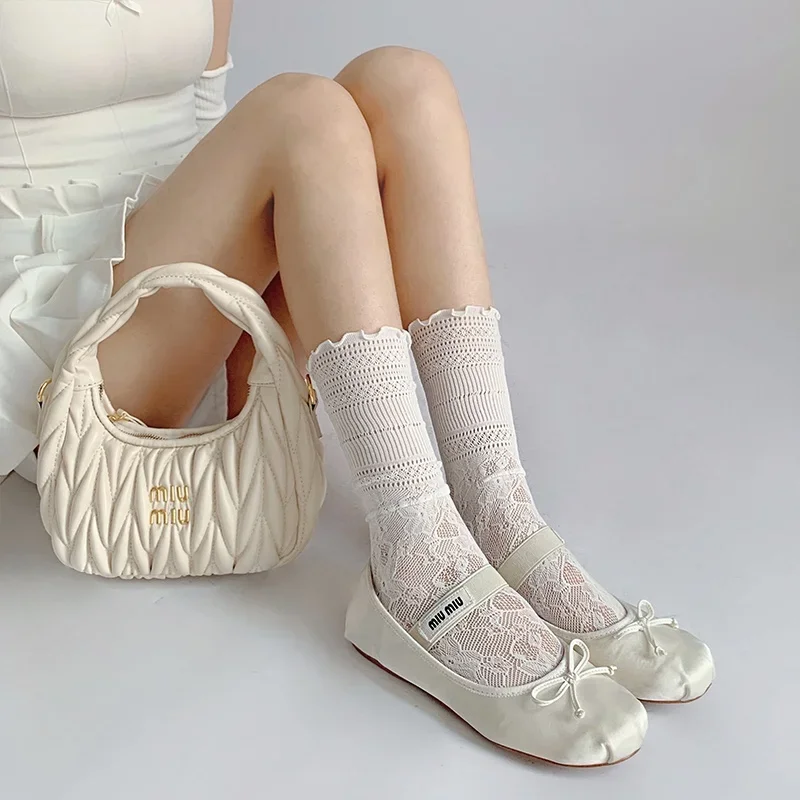 Lolita Girls Flower Pattern Small Mesh Lace Socks Trendy Women Sexy Fishnet Breathable Beige Ballet Style Mary Sweet Calf Socks