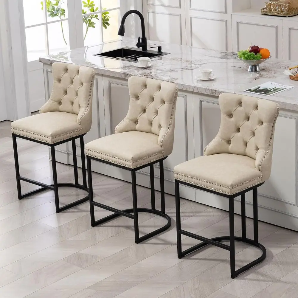 

Set of 3 Counter Height Stools, 26 Swivel Barstools with Backrest, Faux Leather Upholstery, Metal Legs for Kitchen Island or Bar