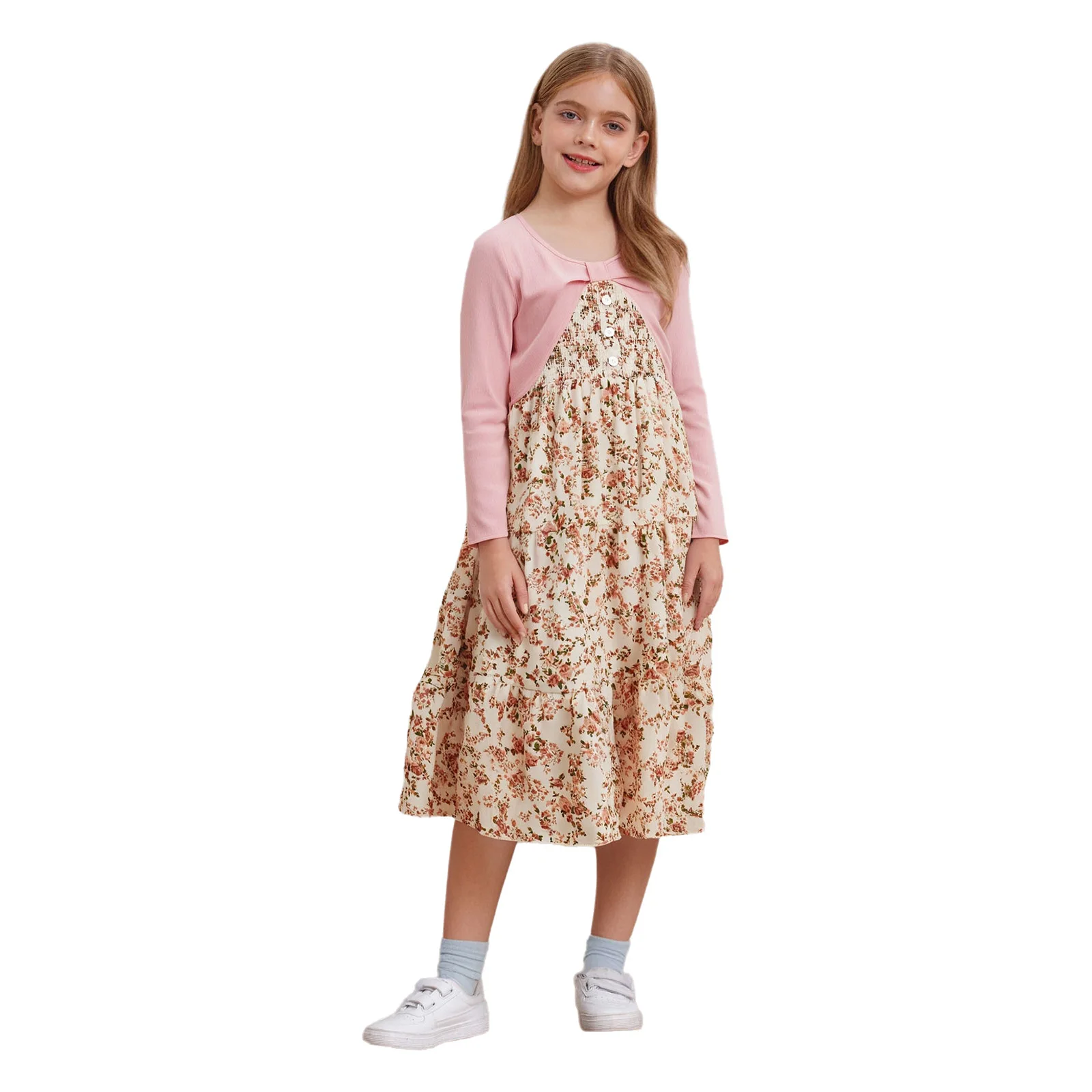 

Kids Girls Dress 2-Piece Casual Outfit Adjustable Spaghetti Straps Floral Print Cami Smocked Dress+Knot Front Bolero Shrug Top