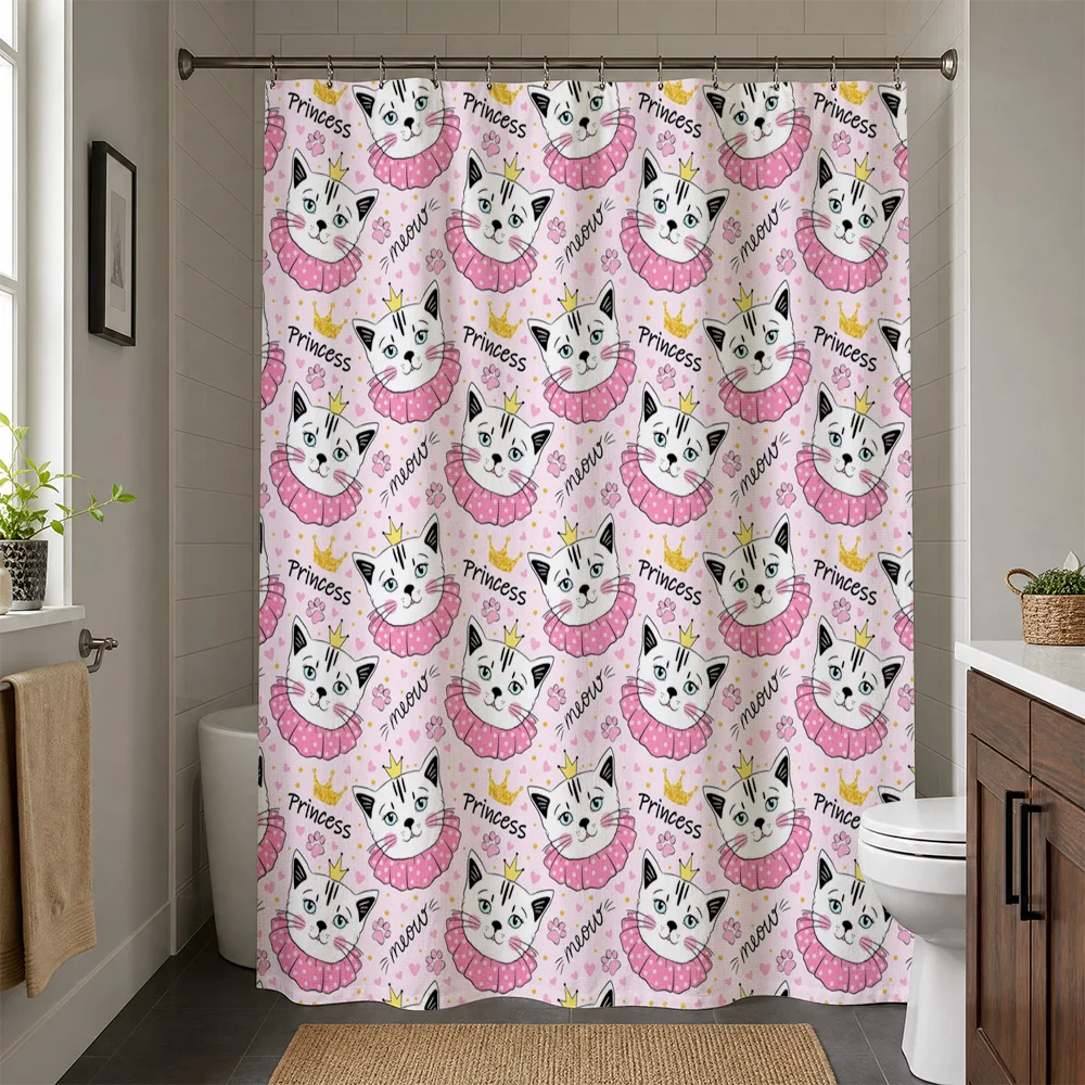 Waterproof Cute Cat Princess Shower Curtain Liner for Bathroom Kitten Cartoon Decor Kids Nursery Baby Shower Stall Wall Hanging