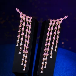 ThreeGraces Elegant Sparkling Pink Waterdrop Zirconia Long Tassel Drop Earrings for Women Fashion Party Engagement Jewelry E1975