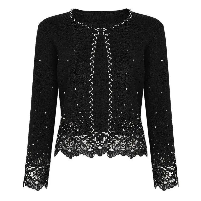 Fashionable Knitted Heavy Embellished Sleeveless Top Open Cardigan Outerwear Short Style round Neck Long Sleeve Women's Jacket