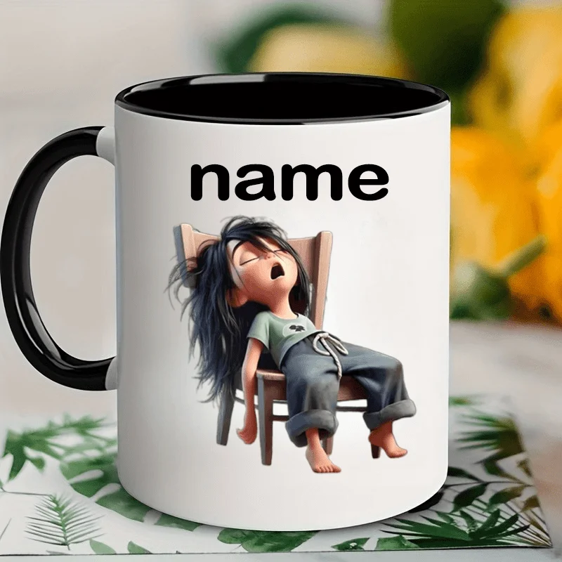 A custom mug with a Sleeping Girl design, personalized custom name, and printed in elegant -serif font on both sides. This is th