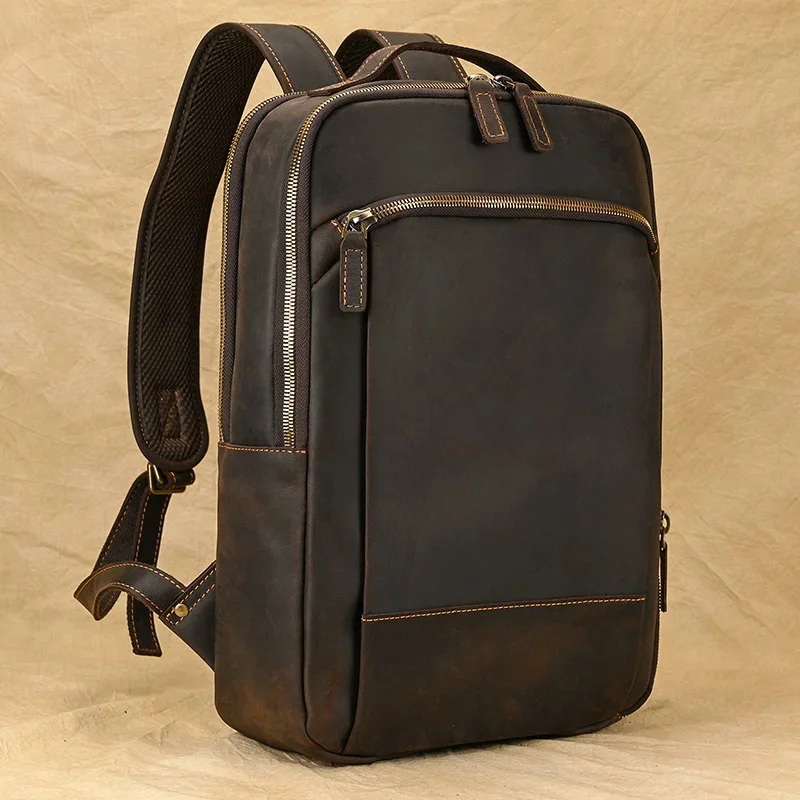 Vintage Travel Backpack double zipper pack male crazy horse backpack handmade leather travel men bag