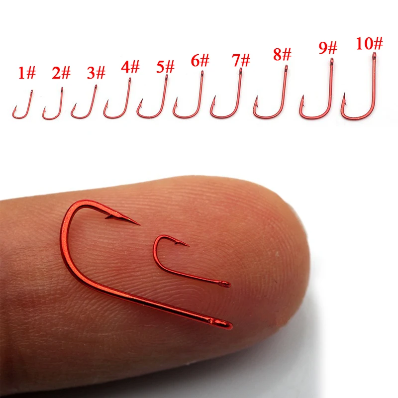 

Super Mini 100pcs Small Fishing Hook 1#-10# Barbed High Carbon Steel Red With Eyes Bent Baitholder Ringed Carp Hook Tackle