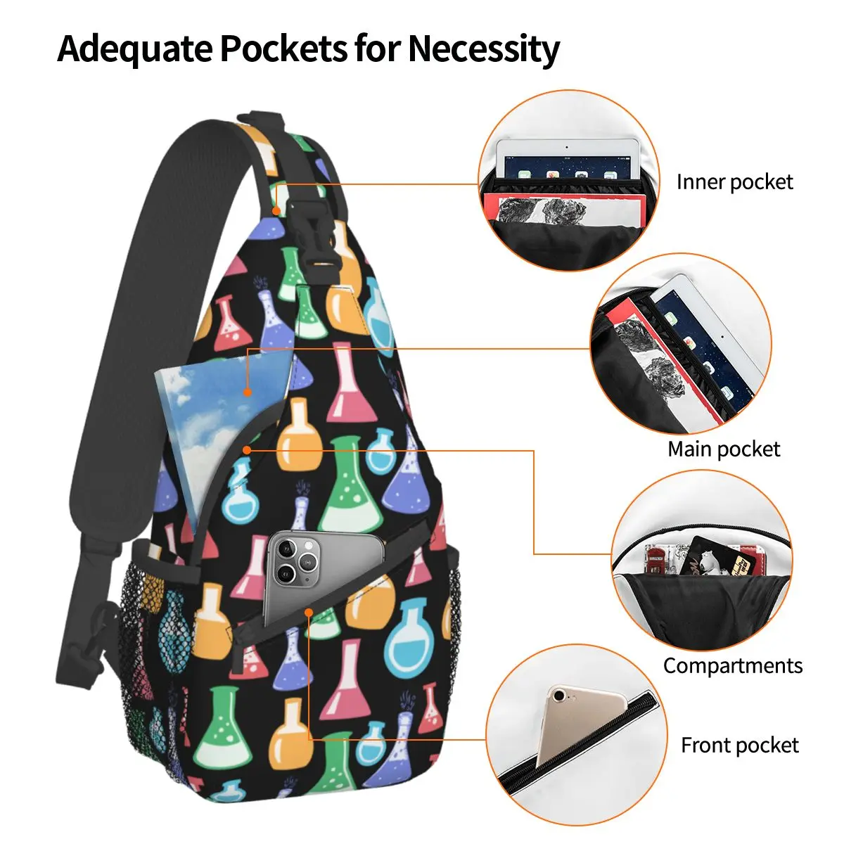 Flask Chemistry Crossbody Sling Bags Fashion Chest Bag Shoulder Backpack Daypack for Hiking Outdoor Travel Satchel