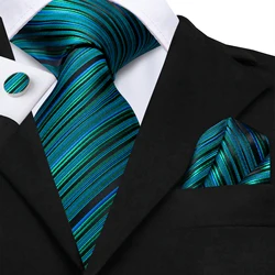 Hi-Tie Burgundy Blue Striped Men Elegant Necktie Handkerchief Cufflinks for Tuxedo Fashion Classic Silk Luxury Tie for Man