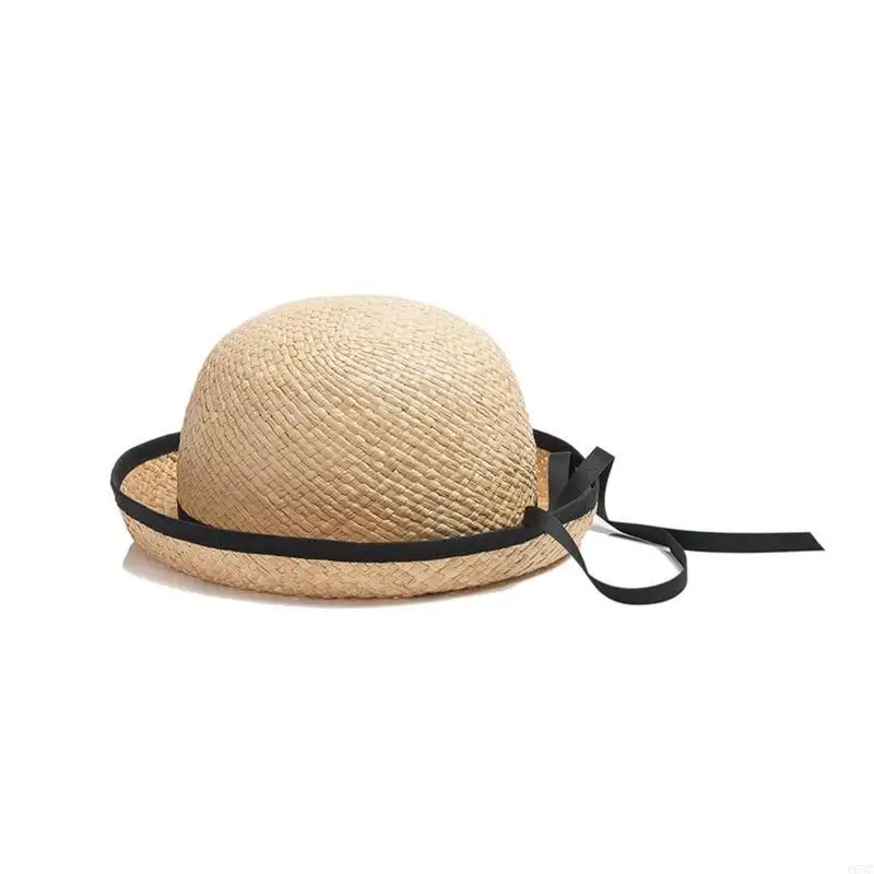 

C63C Children Dome Straw Hat Roll-up Wide Brim Bowknot Bowler Beach for Outdoor