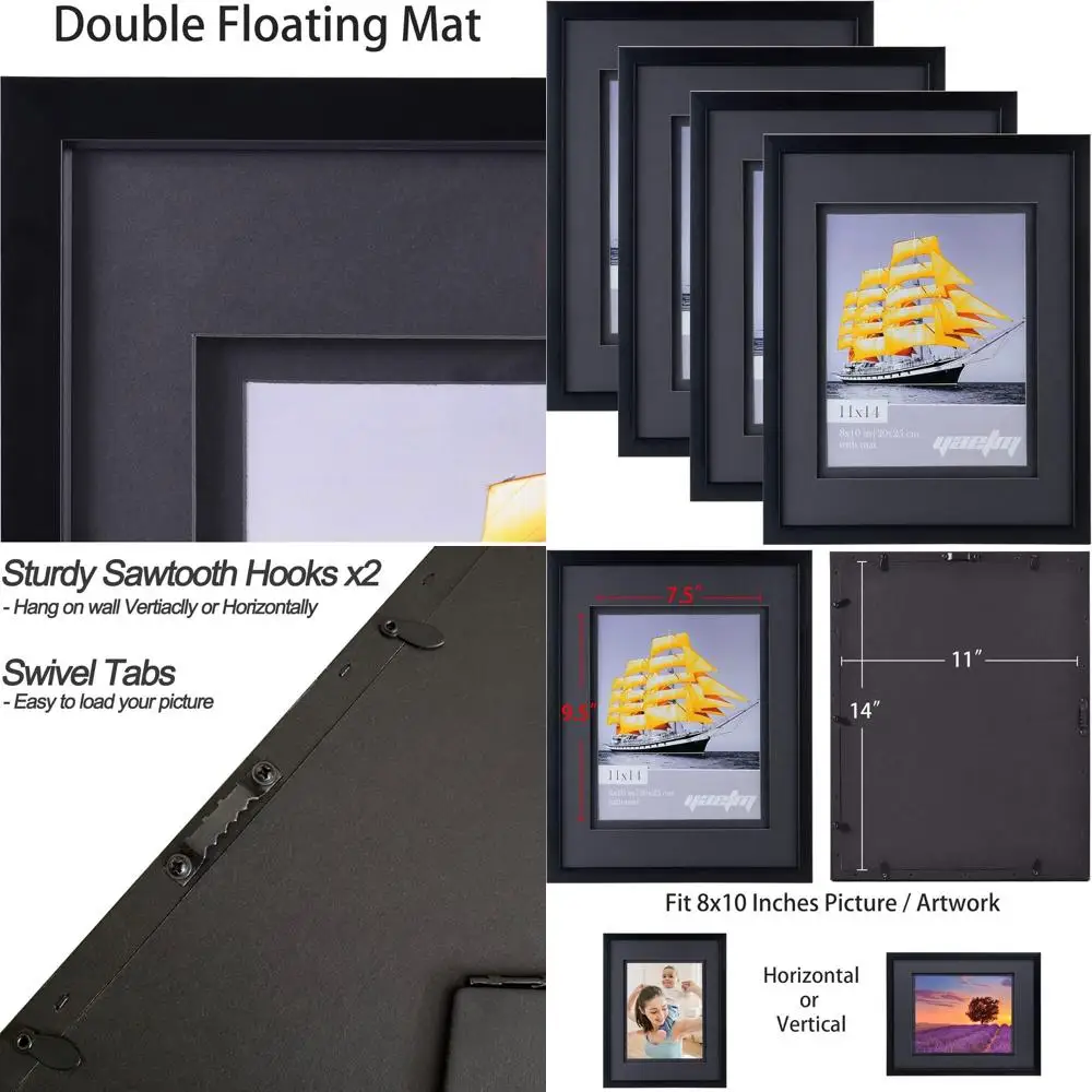 

Набор из 4 фоторамок с двойным ковриком, 11x14 для фотографий 8x10, черная рамка со стеклом высокой четкости, настенный монтаж