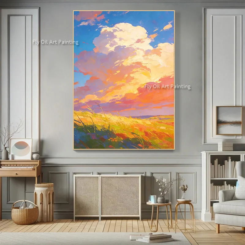 Hand Made Blue White Lake Sky Landscape Artwork On Canvas New Popular Design Orange White Green Grass Land Oil Painting For Deco