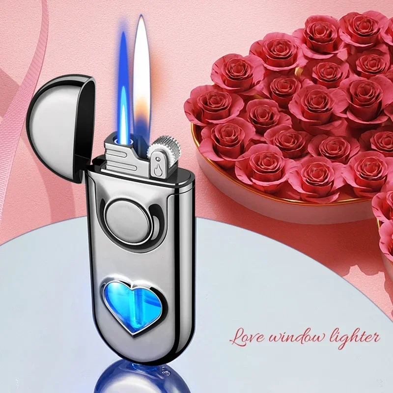 Love Heart Inflation Lighter Metal Grinding Wheel Ignition Butane Gas Lighter Personalized High End Gift Cigarette Accessories