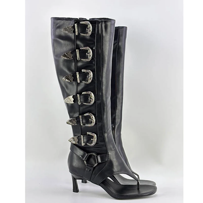 

Multiple Metal Buckles Flip-Toe Knee High Summer Boots Woman Summer 2026 Black Stiletto High Heels Punk Gothic Party Shoes