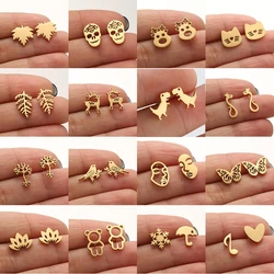 Golden Stainless Steel Mini Stud Earrings for Women Fashion Leaf Skull Neuron Lotus Earings Trendy Jewelry Animal Korean Gift